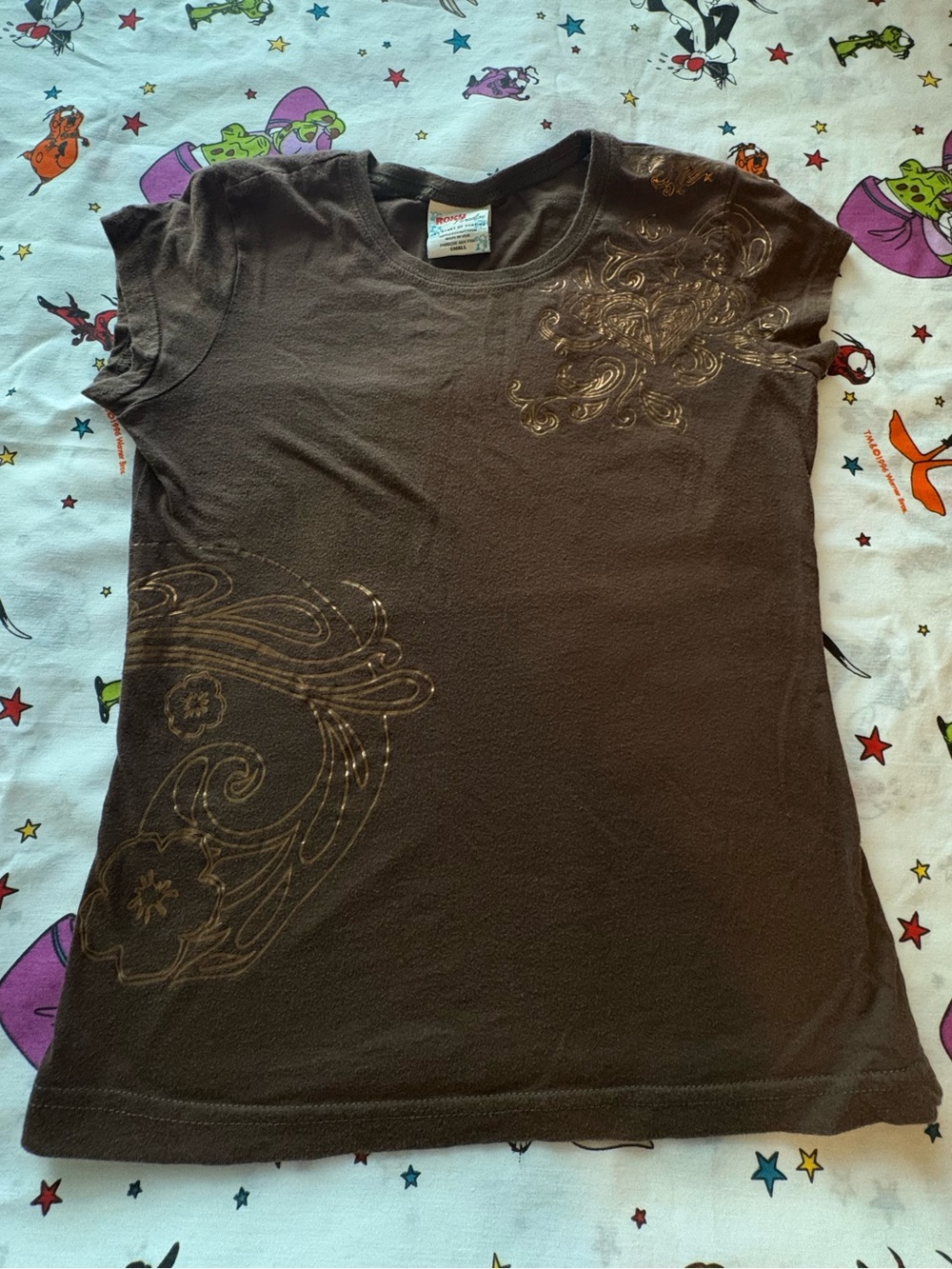 Roxy Brown Short-Sleeve Tee with Gold Swirl Graphic